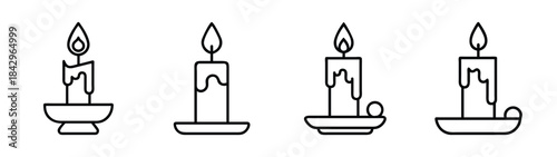 Four black line art icons of a burning candle on various holders Vector