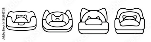 A collection of black and white line art icons depicting various cat beds for pets Vector