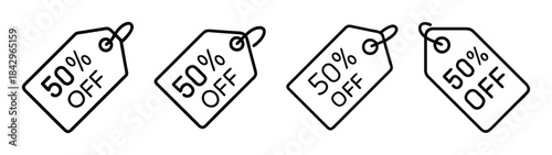 A row of four discount tags, each indicating a fifty percent off sale Vector