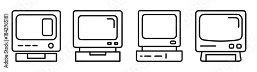 A set of four line art icons showing different models of vintage personal computers Vector