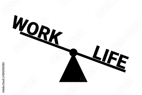 Work life balance - weight and scale as harmonious and balanced balance and equilibrium between job and career family and leisure time. Black minimalist vector illustration with text isolated on white