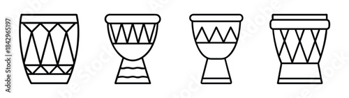 Set of four stylized djembe drum musical instrument icons in black and white line art Vector