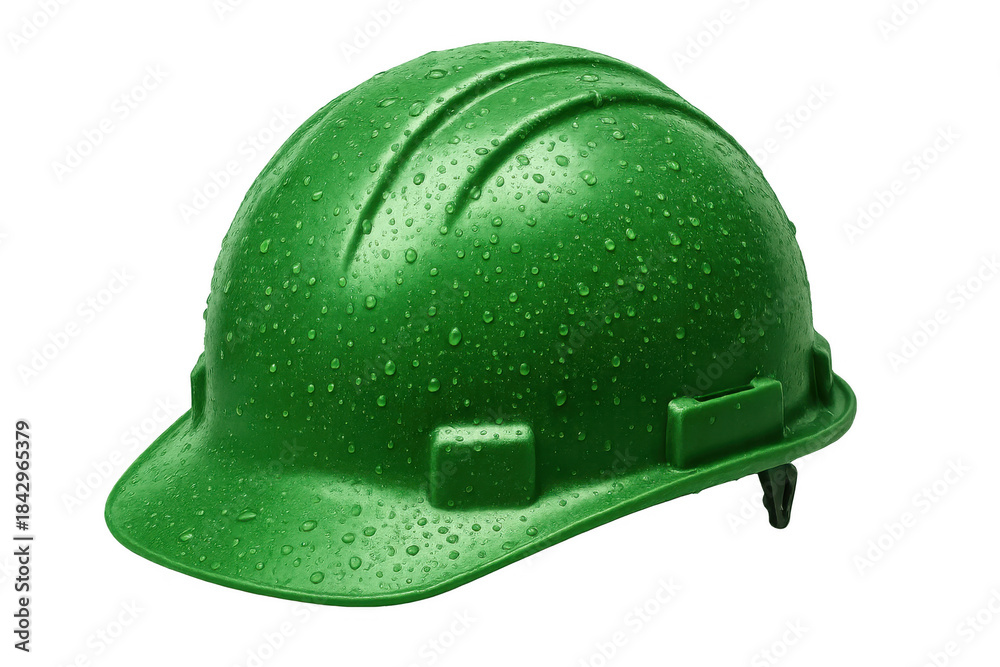 Fototapeta premium Green hard hat showing water drops for safety, construction, and protection on a transparent background