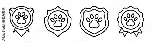 Four minimalist line art icons representing dog paw prints inside badges and shields Vector