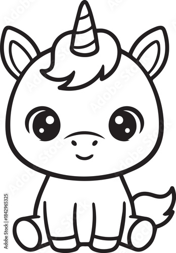 Sitting unicorn designed in a cute calm minimal fantasy character style with clean line art one line art