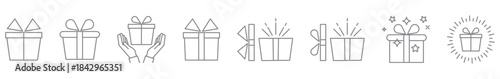 Gift box linear icons set isolated on a transparent background. Simple present and packaging symbols designed in clean outline style with an editable stroke.
