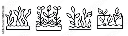 A collection of linear icons representing plant growth, agriculture, and seedling development Vector