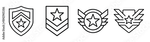 Military rank and achievement badges line art icons set with shield, star, and wing elements Vector