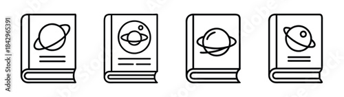 A collection of four black and white line icons representing books about astronomy and space science Vector