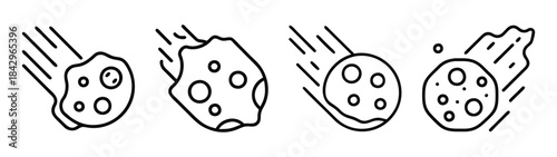 A collection of line art icons depicting various meteors or asteroids falling through space Vector