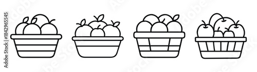 Set of fruit baskets line art icons illustrating fresh produce in different containers Vector