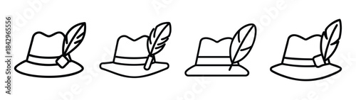 A line art illustration of four traditional alpine hats with feathers, representing german culture Vector