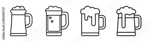 A set of four black and white line art icons depicting different beer mugs with foam Vector