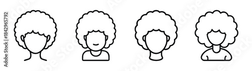 A set of four simple line art icons showcasing individuals with voluminous afro hairstyles. Vector