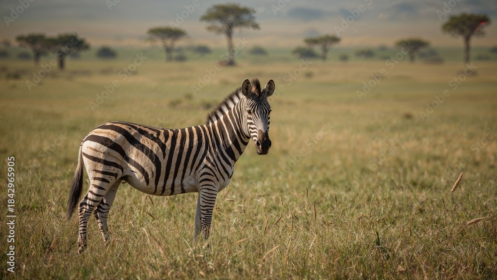 Obraz premium A zebra standing in the grassland with trees in the background.