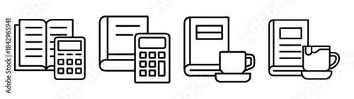 Education and accounting line icons set with books, calculators, and coffee cups Vector