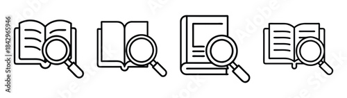 Minimalist black and white icons for searching through books and finding information Vector