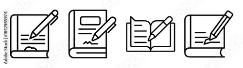 Line art icons representing writing, note-taking, and documentation activities Vector