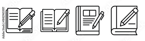 A set of four minimalistic line icons depicting notebooks and pencils for note-taking and writing Vector