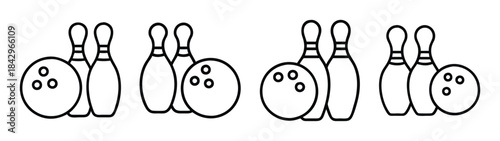 Simple black and white line art illustration of bowling equipment including balls and pins. Vector