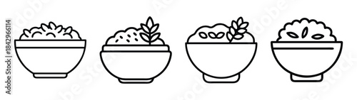 Simple line art collection of bowls filled with rice, porridge, or grain dishes Vector