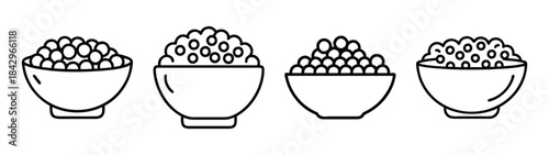 Black and white line art set of four bowls filled with luxury fish roe or caviar Vector
