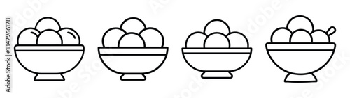 A set of four simple line art icons depicting bowls filled with scoops of ice cream Vector