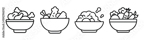 A set of four linear icons representing different food bowls including chicken, vegetables, popcorn, and salad Vector