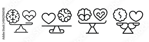 The concept of balancing brain and heart: four line icons illustrating emotional and logical equilibrium Vector
