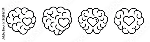Combining intellect and emotion: a row of brain outlines containing a heart symbol Vector
