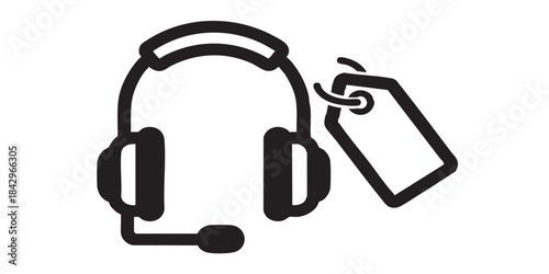 Headphones with microphone and price tag solid icon, cyber monday concept. Vector graphics. Stereo headset, technology sign on white background, style icon mobile or web desig