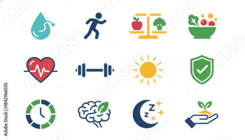 Healthy lifestyle icon set for wellness and fitness. A collection of simple flat design symbols for nutrition, exercise, and mental health concepts