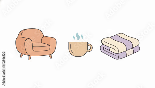 Home comfort icon set collection. Cozy lifestyle elements with an armchair, a hot drink, and a blanket. Minimalist flat vector illustration