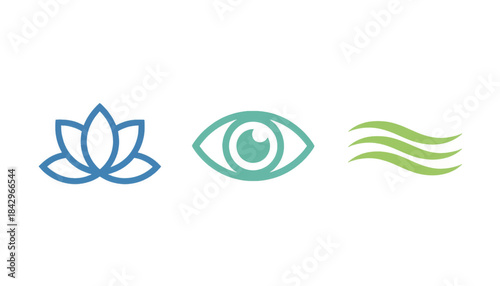 Mindfulness icon set with lotus, eye, and breath symbols. Simple minimalist flat design illustration. Vector graphics for wellness and meditation apps
