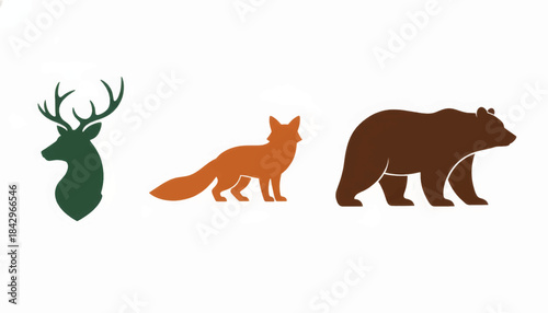 Minimalist forest animal silhouettes icon set. Vector graphics of a deer, fox, and bear. Simple flat design isolated on a white background