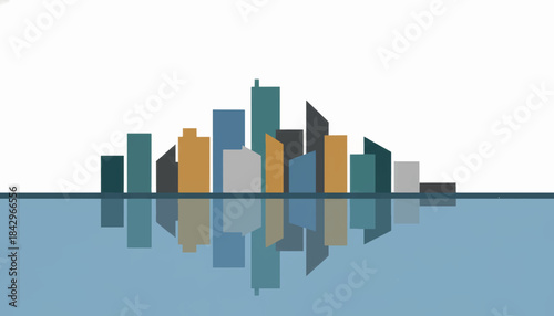 A minimalist city skyline reflected on water. Abstract flat design vector illustration. Urban landscape graphic for real estate and corporate identity.