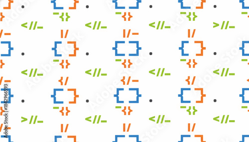 Seamless pattern of programming and coding symbols. Flat design vector background for web development. Abstract technology and computer science illustration