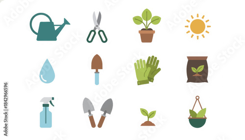 Plant care and gardening icon set. Collection of simple flat design symbols. Vector illustration with tools for horticulture and houseplants