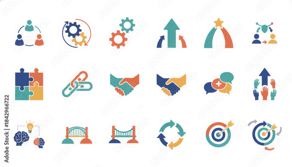 Fototapeta premium Teamwork and collaboration icon set. Flat design vector symbols for business partnership and strategy. Collection of handshakes, puzzles, and gears