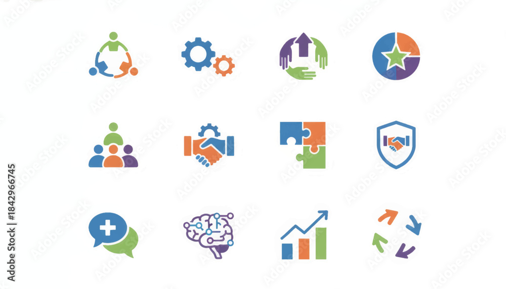 Fototapeta premium Teamwork and business collaboration icon set. Colorful flat design symbols for management and strategy. Vector illustration isolated on white background