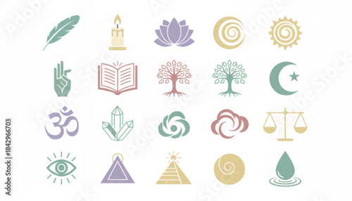 Spirituality and mysticism vector icon set. Flat design symbols for yoga and meditation. Collection of pastel elements including lotus, om, and crystals