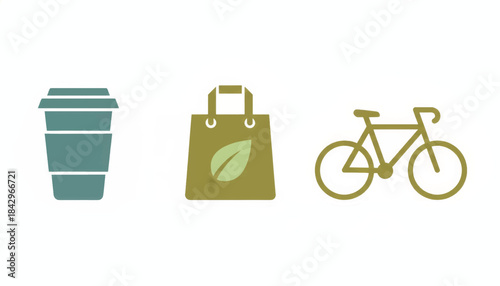 Sustainable lifestyle icon set. Eco-friendly symbols for zero waste living. Flat vector illustration with a reusable cup, bag, and bicycle