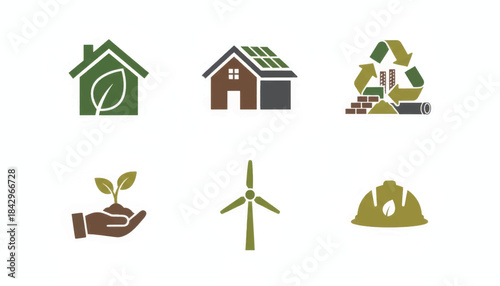 Sustainable construction and green energy icon set. Eco-friendly building symbols including solar house, recycling, and wind turbine. Flat design vector illustration