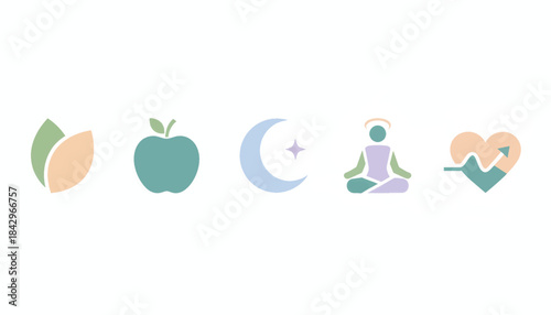 Wellness and self-care flat icon set. Health, nutrition, sleep, and meditation symbols. Minimalist vector graphic for app and web design