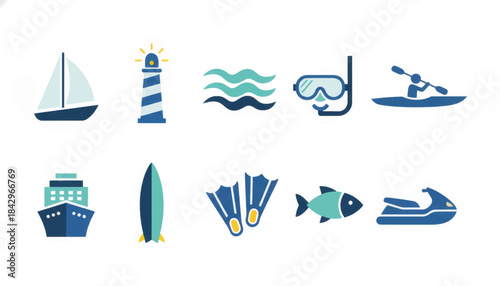 Water tourism and summer vacation icon set. Flat design vector illustration of nautical elements. Collection of sea activities symbols