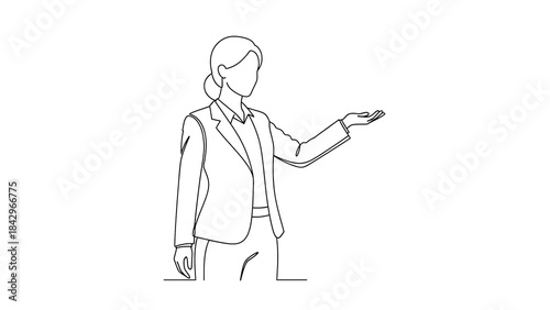 Elegant line drawing depicting a woman in a business suit making a presentation or gesture with outstretched hand. The simplicity of the line art creates a modern feel.