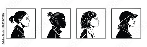 Four diverse female profile portraits in black and white illustration style