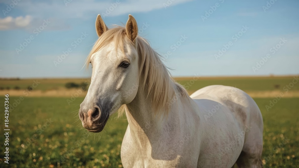 Obraz premium White horse in a grassy field under a partly cloudy sky.