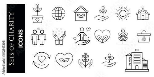 The image showcases a comprehensive collection of black and white outline icons. These icons represent various aspects of charity, environmental care, community support, and global well being.