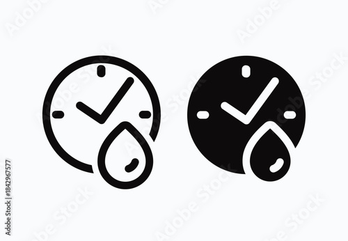 Quick dry linear and solid icons vector illustration. Quick and fast clock dry wet clothes symbol. Fast drying formulation. Quick dry label product packaging design, logo, badge, circle, water drop